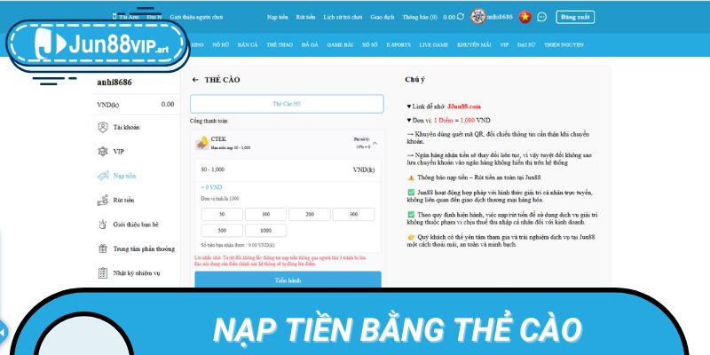 Nạp tiền Jun88 thông qua thẻ cào điện thoại